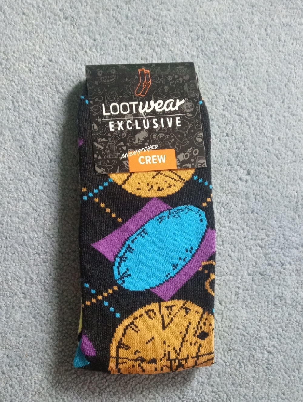 Loot Crate batman Crew Socks - Black with Blue, Purple & Gold Pattern